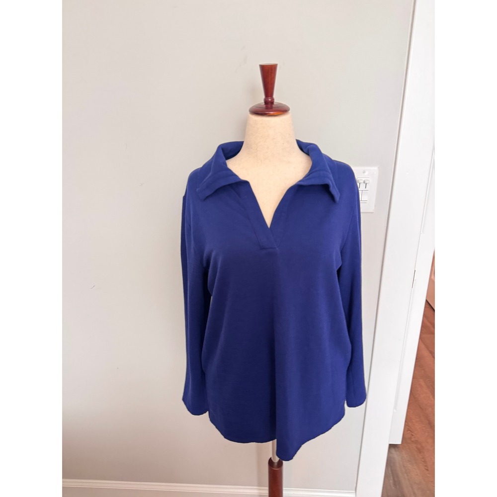 J. JILL | Pullover Top Women L Blue Split Neck Button Cuff Slub Knit Sweater